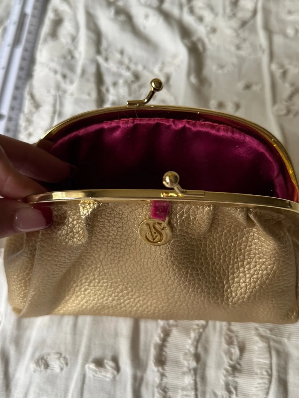 Victoria's Secret Gold Metallic Kiss-Lock Clutch with Pink Tab